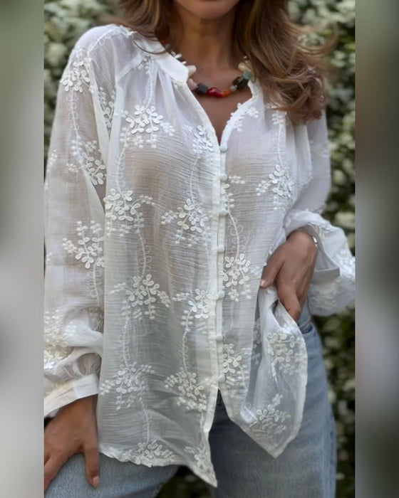 Topp Långärmad Tredimensionell Blommig Halvtransparent