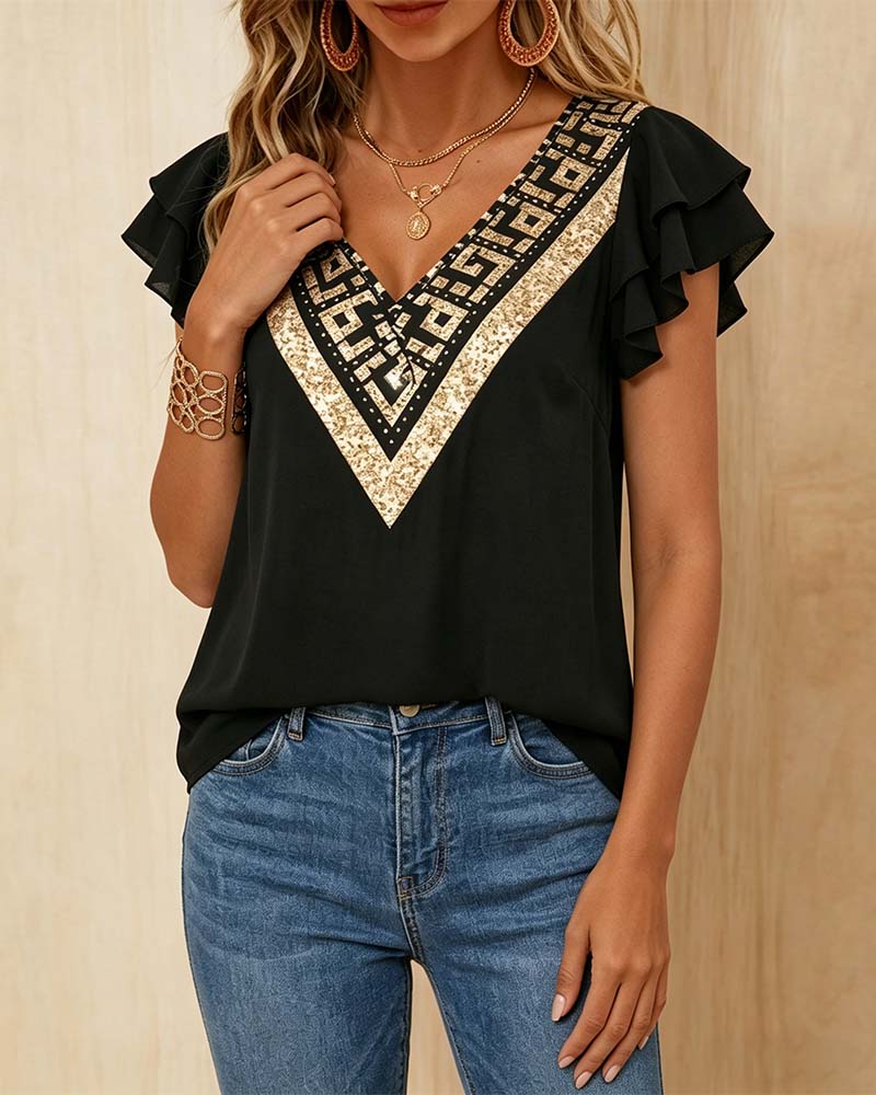 Blus Lotusbladstryck V-Ringad Kontrast