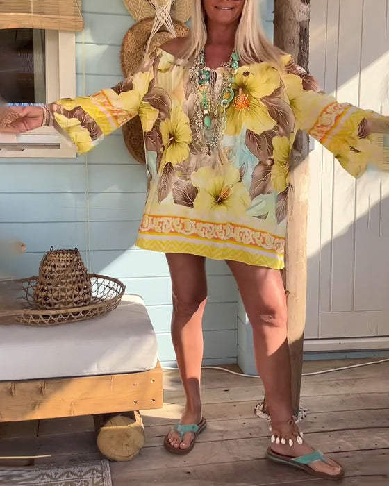 Blus Off-Shoulder Resorttryck