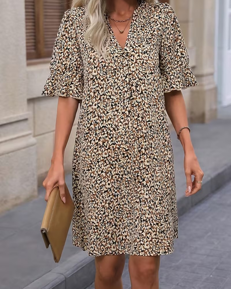 Klänning Leopard Tryck Blommig V-ringning Rynkad Ärm