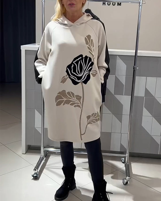 Klänning Med Huva Färgblock Blomtryck