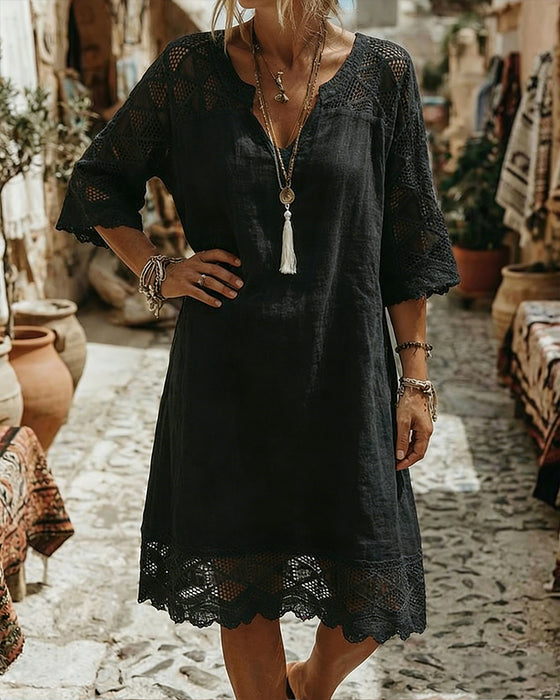 Klänning V-ringning Spets Patchwork Casual