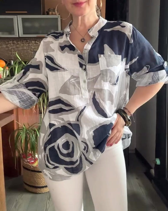 Blus avslappnad stativ krage tryckt