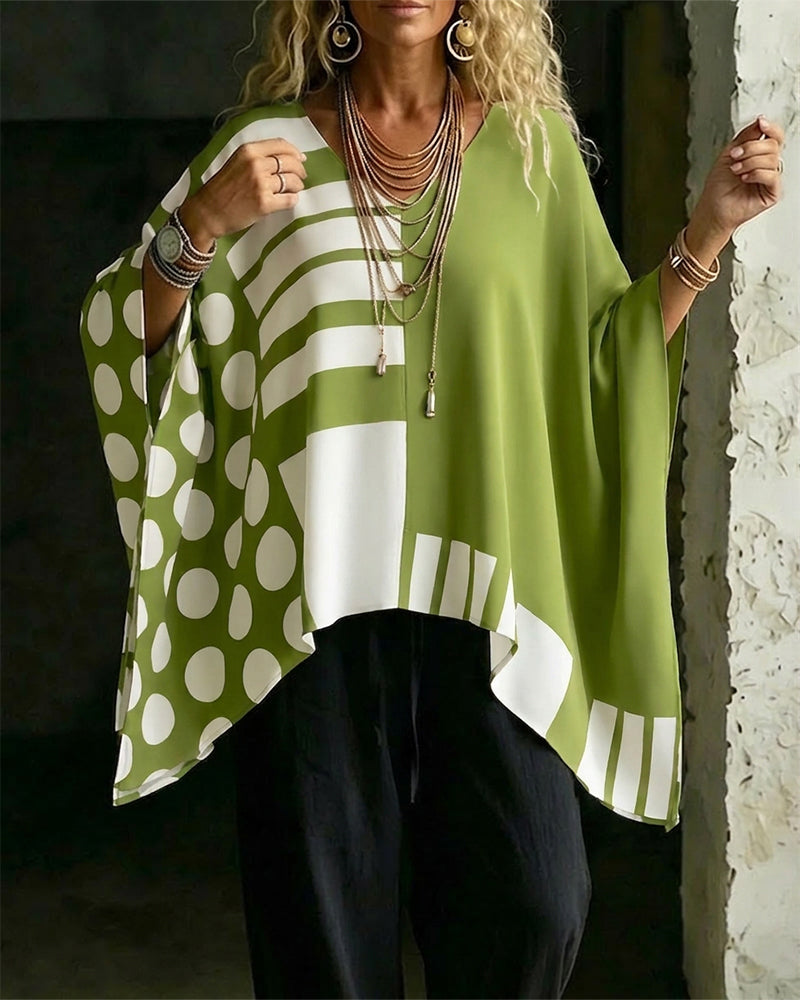 Blouse Polka Dot Rand Patchwork V Ringning