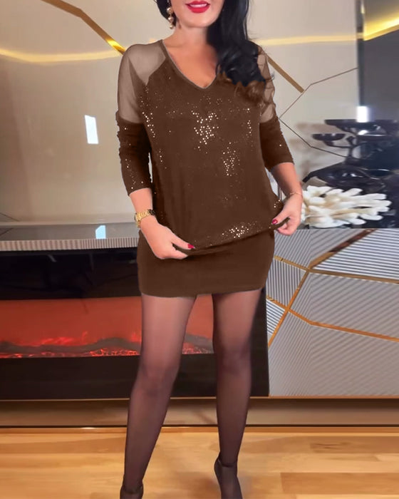 Topp sexig v-ringad mesh och enfärgad paljett