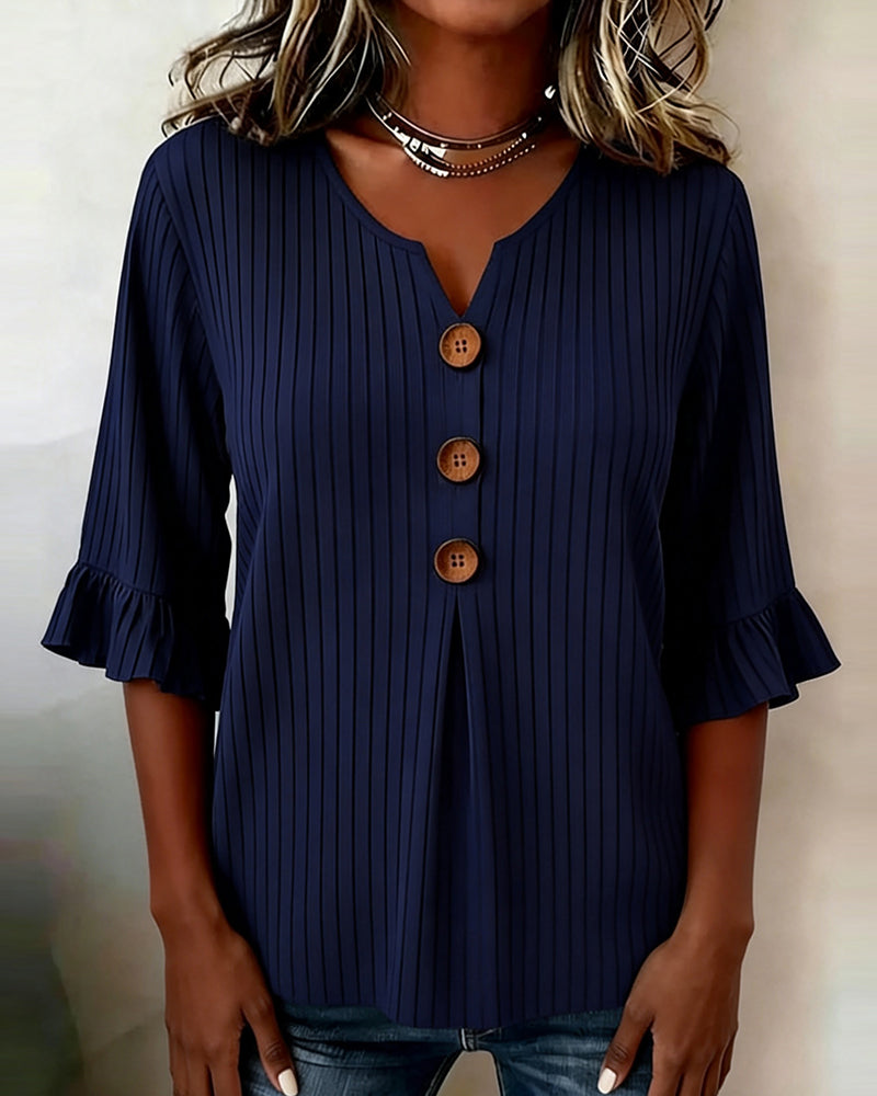 Blouse Klockärmar Ribbad Träknapp