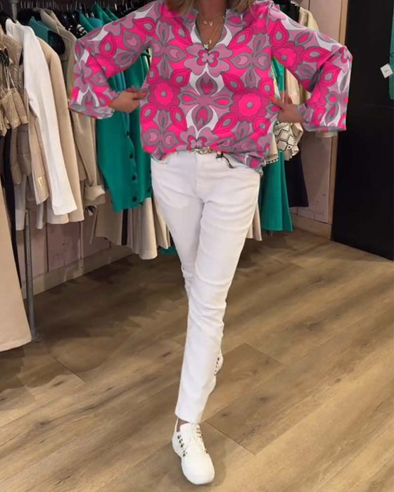 Blus med lösa, mångsidiga stilar och tryck