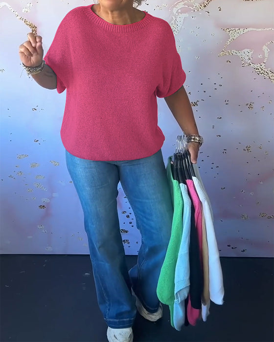 Casual lös enfärgad tröja med rund hals