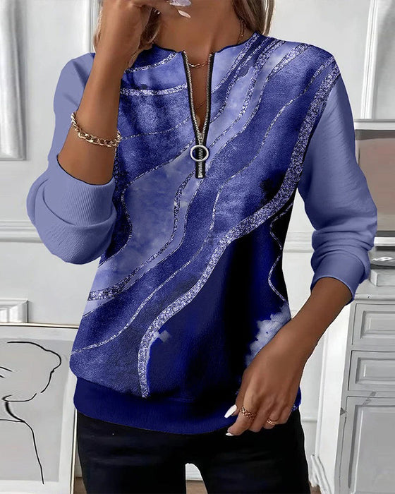 Sweatshirt Med Halv Dragkedja Och Vintage-Tryck