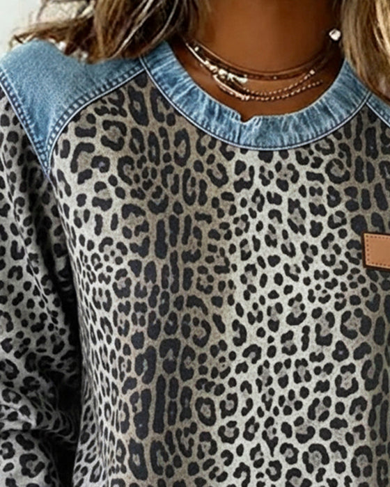 Tröja Leopardtryck Denim Lapptäck