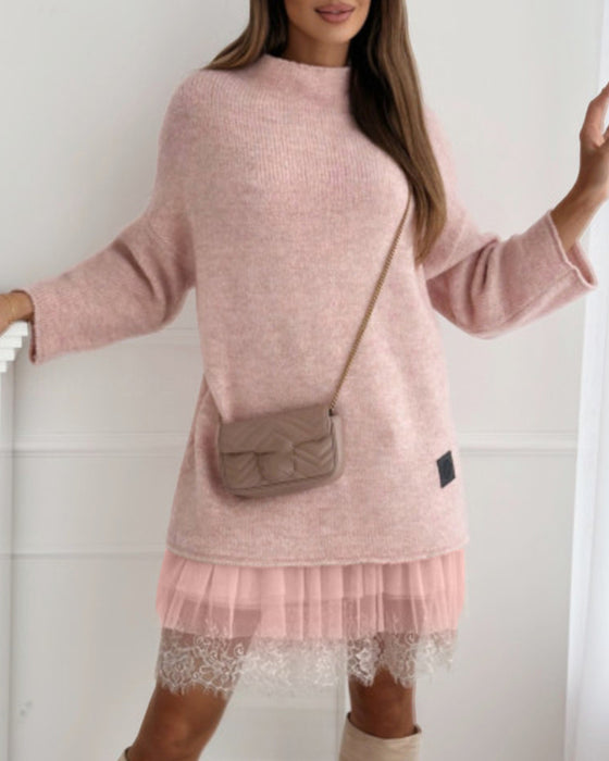 Casual hög krage pullover mesh klänning i enfärgad