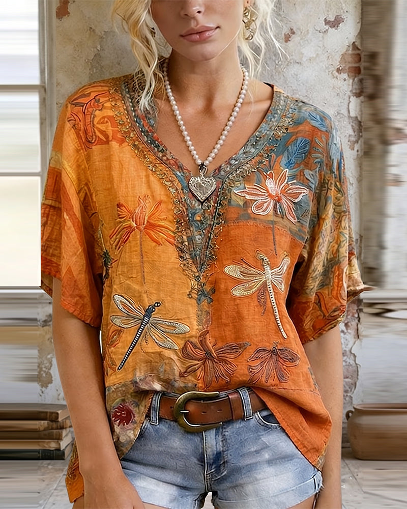 Blus Vintage Trollsländeprint Casual