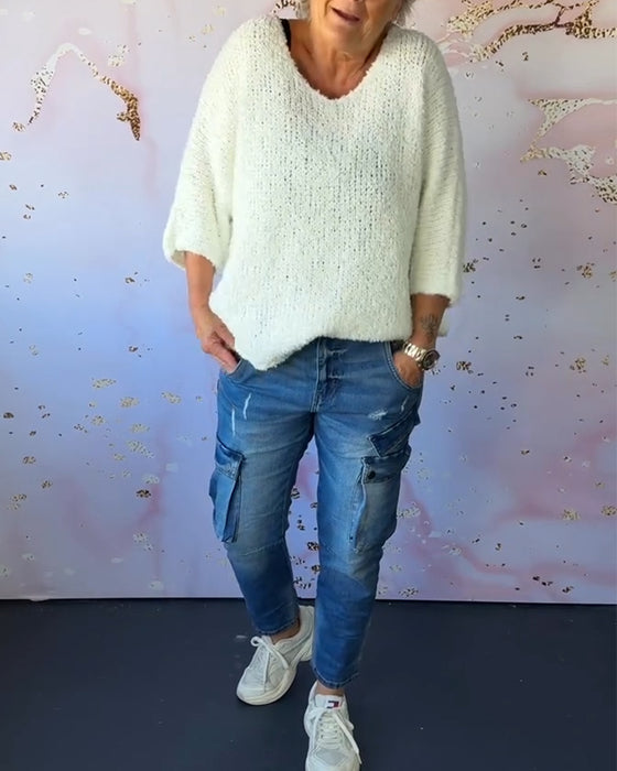 V-ringad enfärgad casual tröja