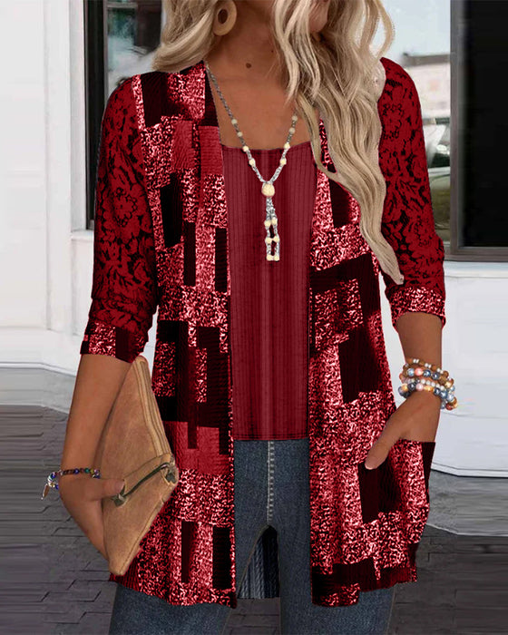 Långärmad Blus Med Tryck I Faux Tvådel-Stil