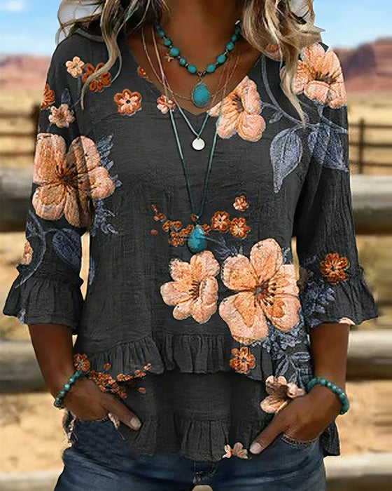 Blus V-Ringning Vintage Blommig Loose Fit