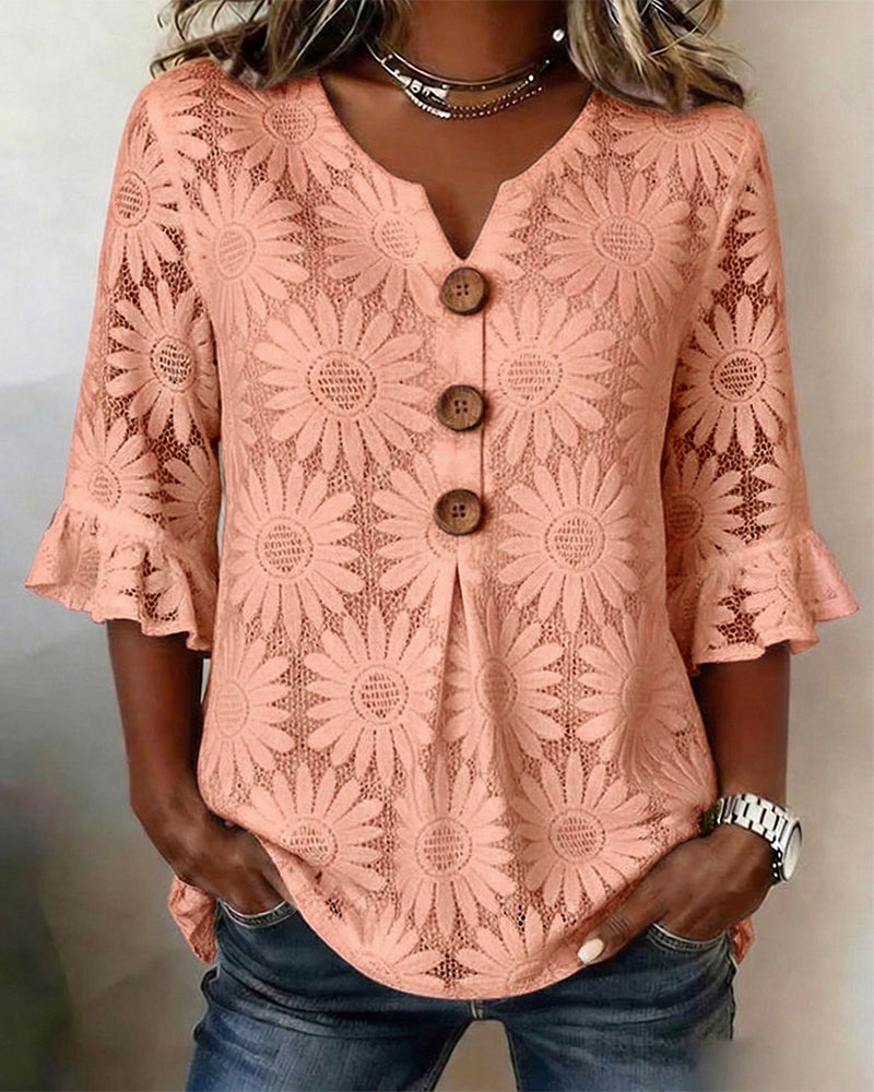 Blus Med Ruffle-Mönster Och Volangärmar