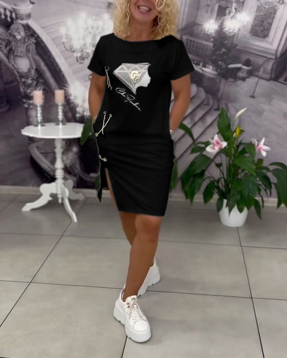 Klänning Tryckt Figursydd Slits