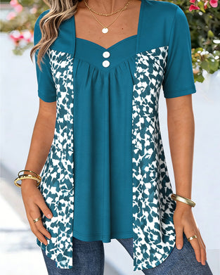 Topp Falsk Tvådelad Lappverk Tryckt Kortärmad