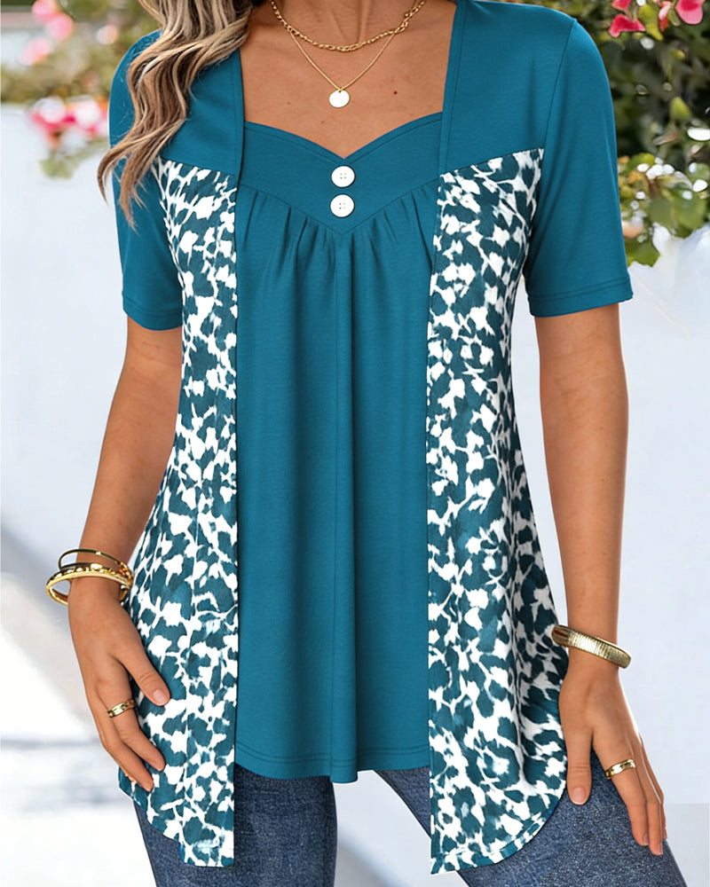 Topp Falsk Tvådelad Lappverk Tryckt Kortärmad