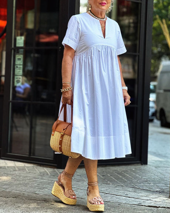 Patchwork kortärmad enfärgad plisserad klänning