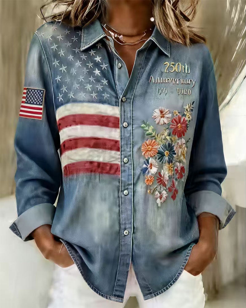 Skjorta Nedfällbar Krage Tryck Broderi