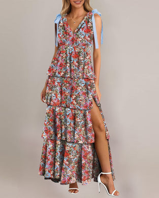 Maxiklänning V-Halsband Blomig Mångbandad Med Midjebånd