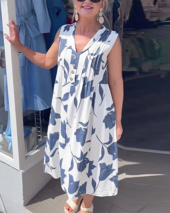 Klänning V-ringad ärmlös tryckt