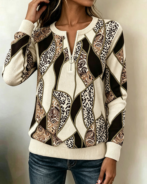 Tröja Rund Hals Dragkedja Leopardmönster Patchwork