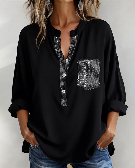 Casual Topp Paljett Patchwork Lös