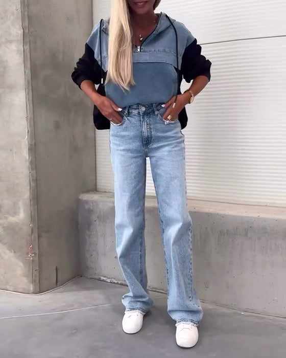 Avslappnad luvtröja med lapptäcke i denim med dragkedja