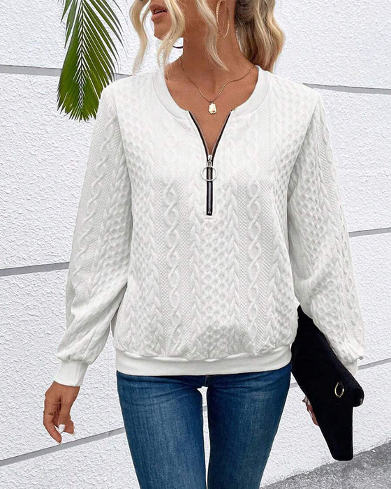 Casual enfärgad långärmad tröja med dragkedja