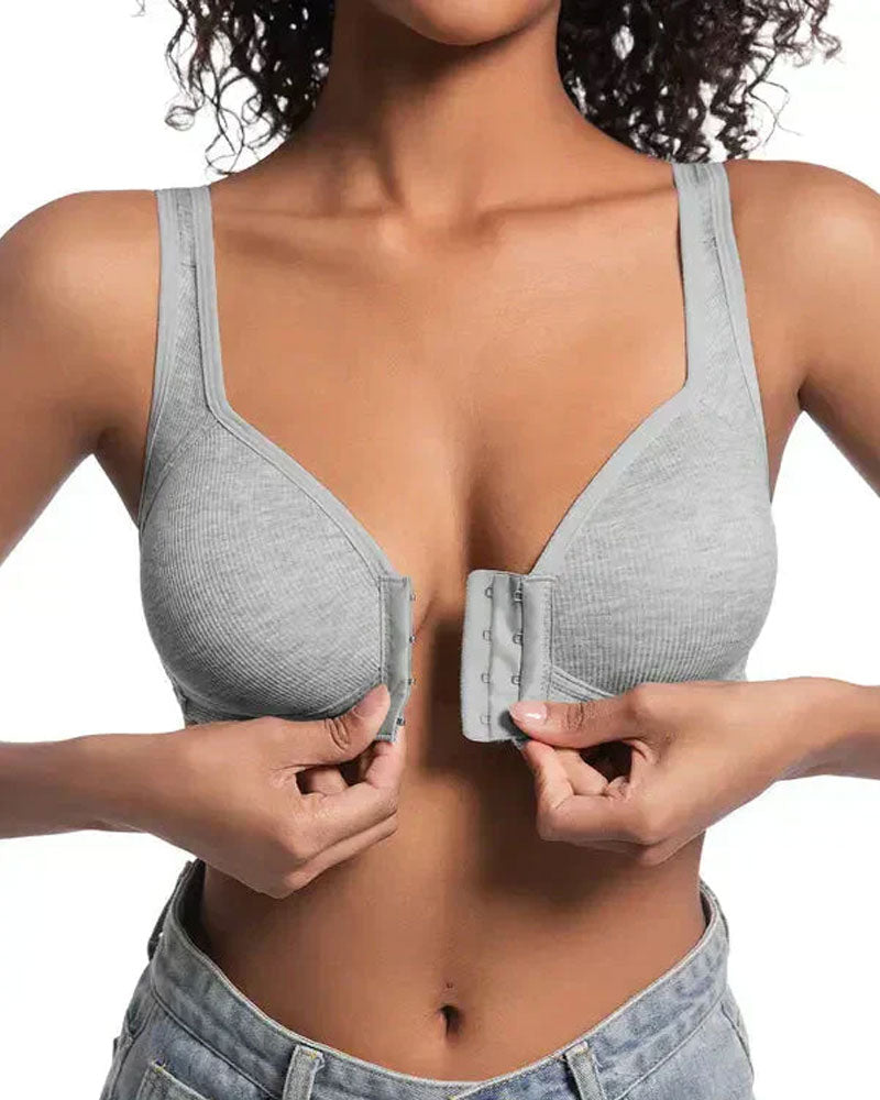 Justerkbar bh med frontspänne och push-up. Utan bygel, sömlös med sidostöd för vardagskomfort under vår och sommar.