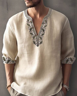 Avslappnad v-ringad tröja för män med paneltryck