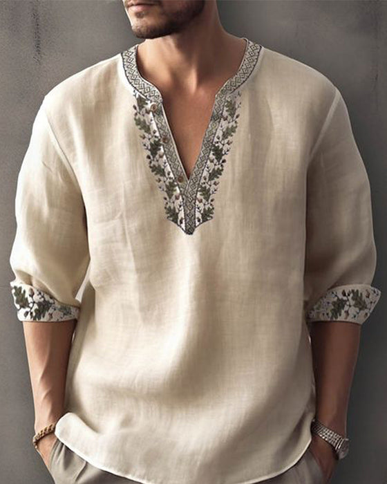 Avslappnad v-ringad tröja för män med paneltryck