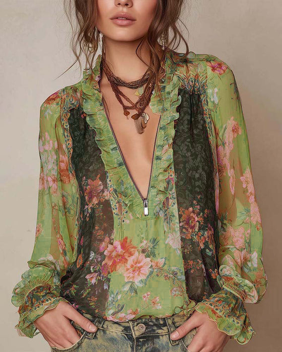 Halvbläster Blomstertryck Blus