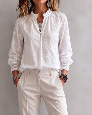Blus Ruffle Kant Mandarin Krage