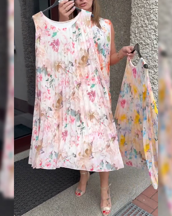 Klänning Ärmlös Plisserad Blommig