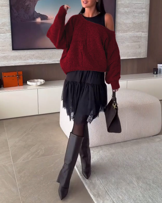 Avaxlad Lössittande Tröja & Spetsfåll Klänning