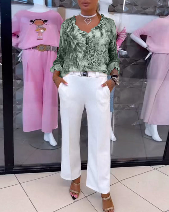 Blus Med V-Ringad Blommönster