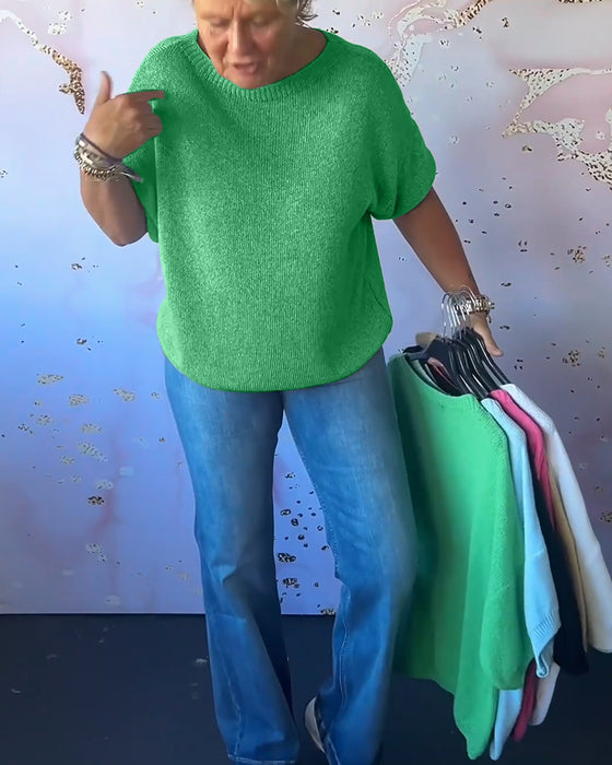 Casual lös enfärgad tröja med rund hals