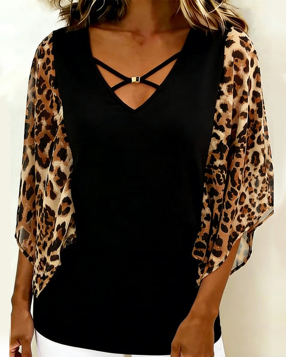 Blus Fladdermusärm Leopardtryck Lappverk