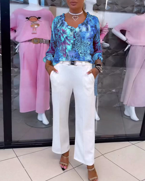 Blus Med V-Ringad Blommönster