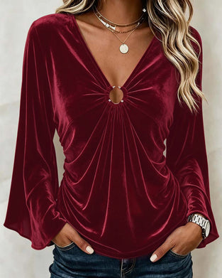 Blus Sammet V-Hals O-Ring Twist Klockärm