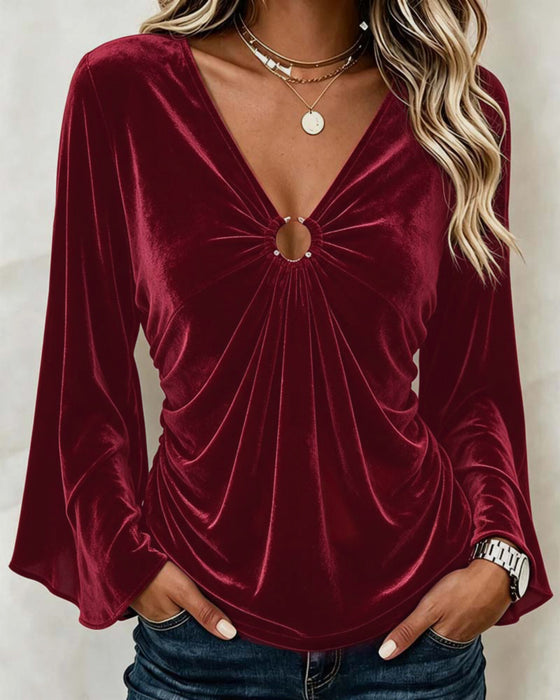 Blus Sammet V-Hals O-Ring Twist Klockärm