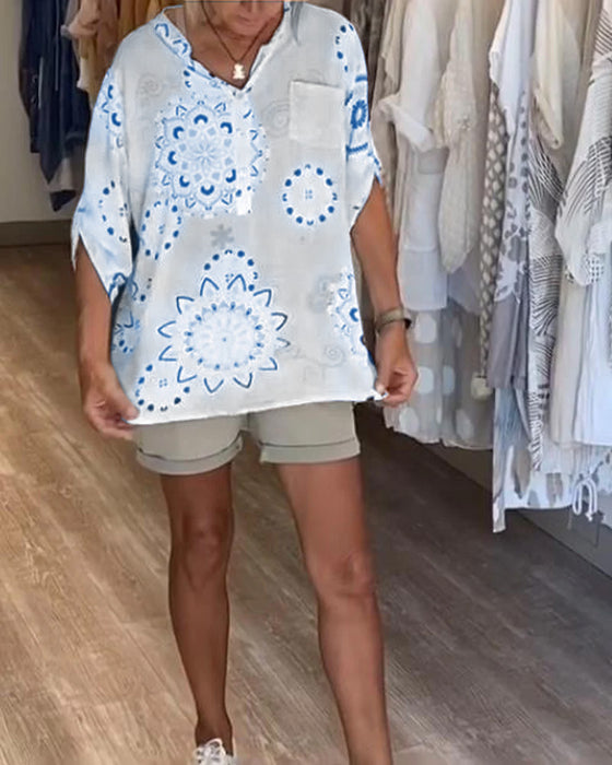 Blus Mångsidig V-Ringning Tryckt Halvlång Ärm