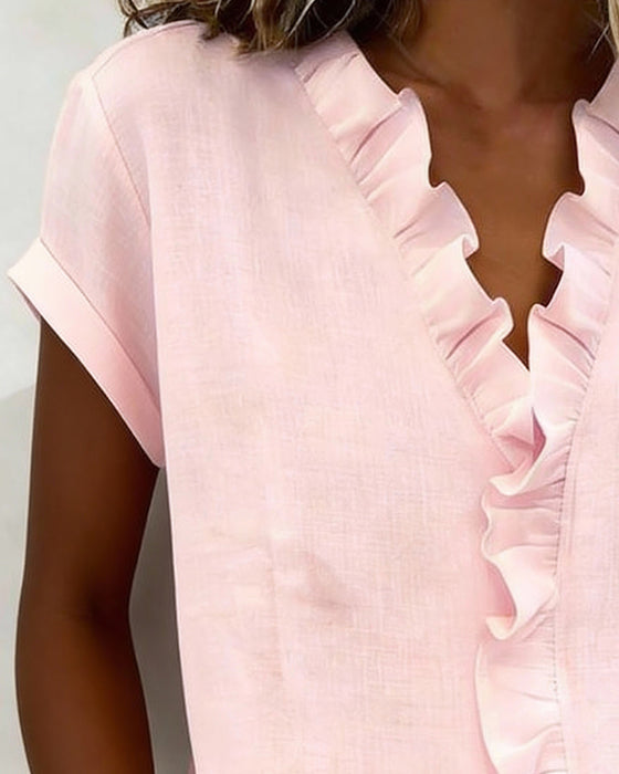 Kortärmad Blus I Ren Bomull Med Volangkrage