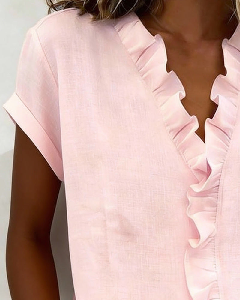 Kortärmad Blus I Ren Bomull Med Volangkrage