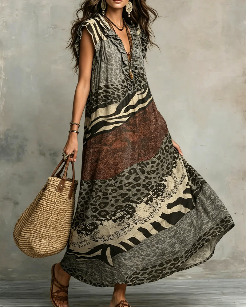 Klänning V-Ringning Rynkad Mönster Lapptäcke