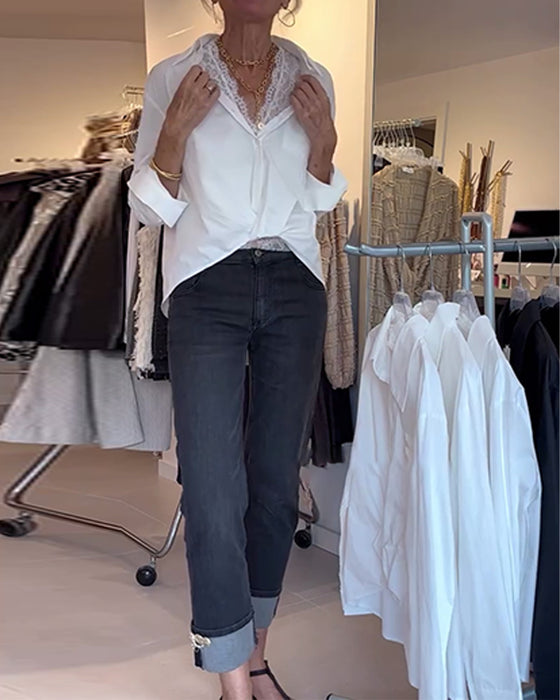 Skjorta Och Spets Inner Set Krage Enfärgad Långärmad