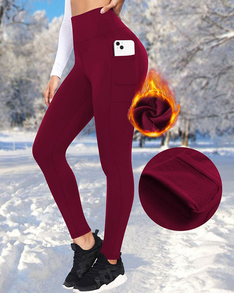 Dam Hög Midja Fleecefodrade Leggings Med Fickor
